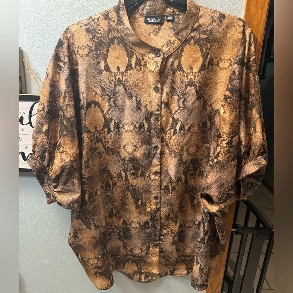 Allen B by Allen Schwartz Brown Snakeskin Button Down Blouse Size Large